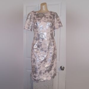 Glamour Pink and Silver Sheath Midi Dress with Short Sleeves